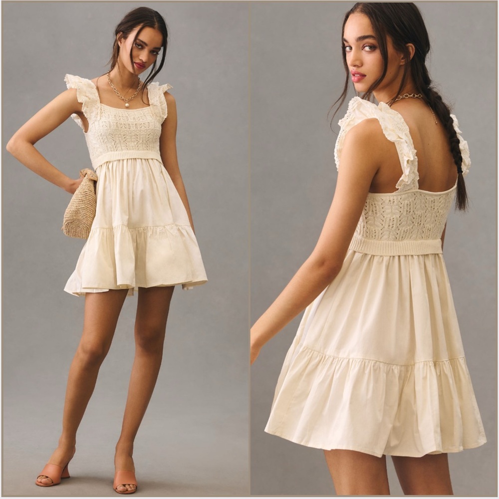 En Saison Collette Ruffled Square-Neck Mixed Media Dress Size L
